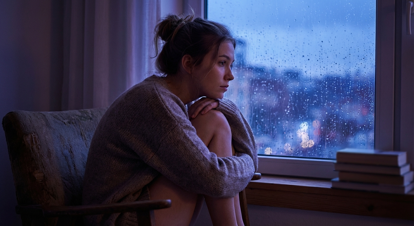 Person sitting alone by a rain-streaked window at dusk contemplating loneliness and solitude