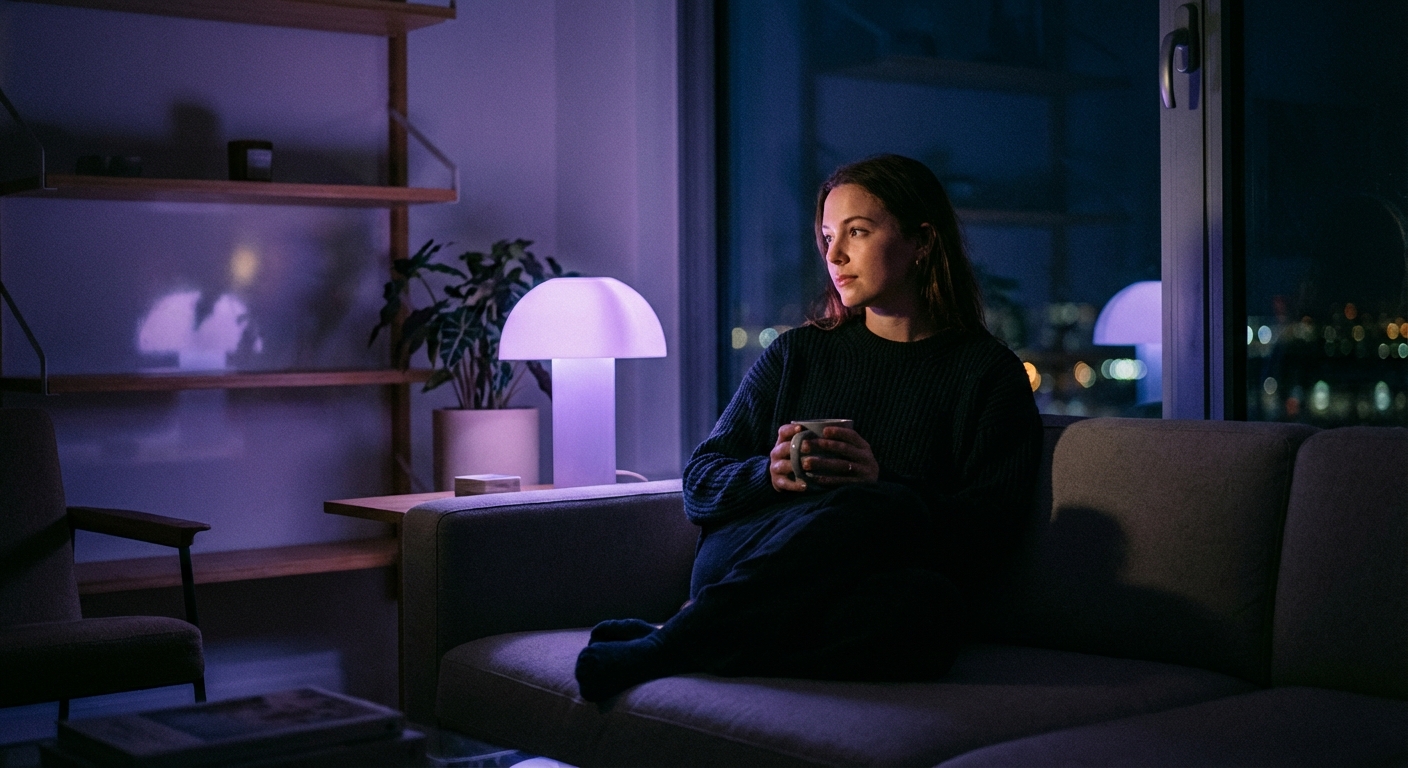 Person thoughtfully looking at phone in moody purple-blue ambient lighting — is AI girlfriend safe