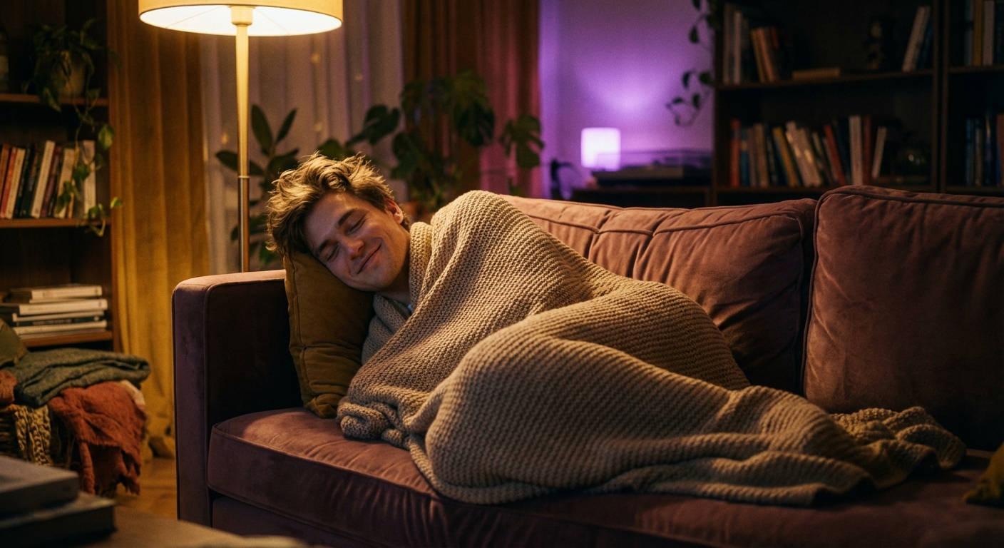 Person finding comfort and emotional safety in a cozy dimly-lit room with warm ambient lighting