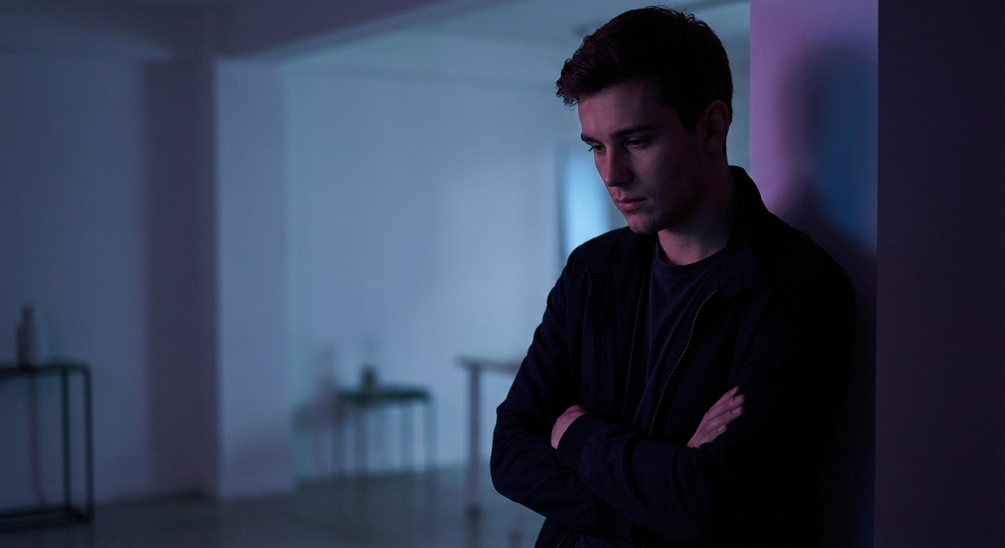 Contemplative person sitting by window in atmospheric blue and purple light — AI companion emotional safety